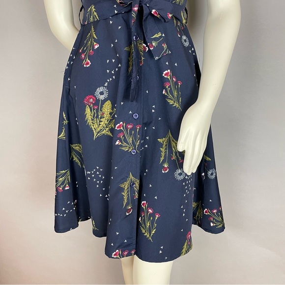 Circus Dress Dandelion Print‎ Navy Blue XS UK Size 8 Retro A-Line Belted Twee - Picture 4 of 12